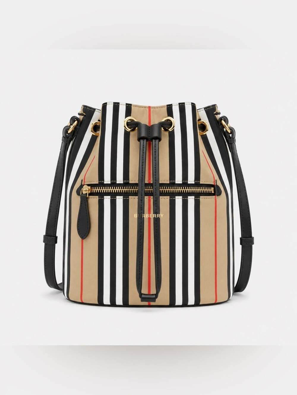 Burberry Black and Beige Stripe nylon Drawstring Crossbody Bag New
